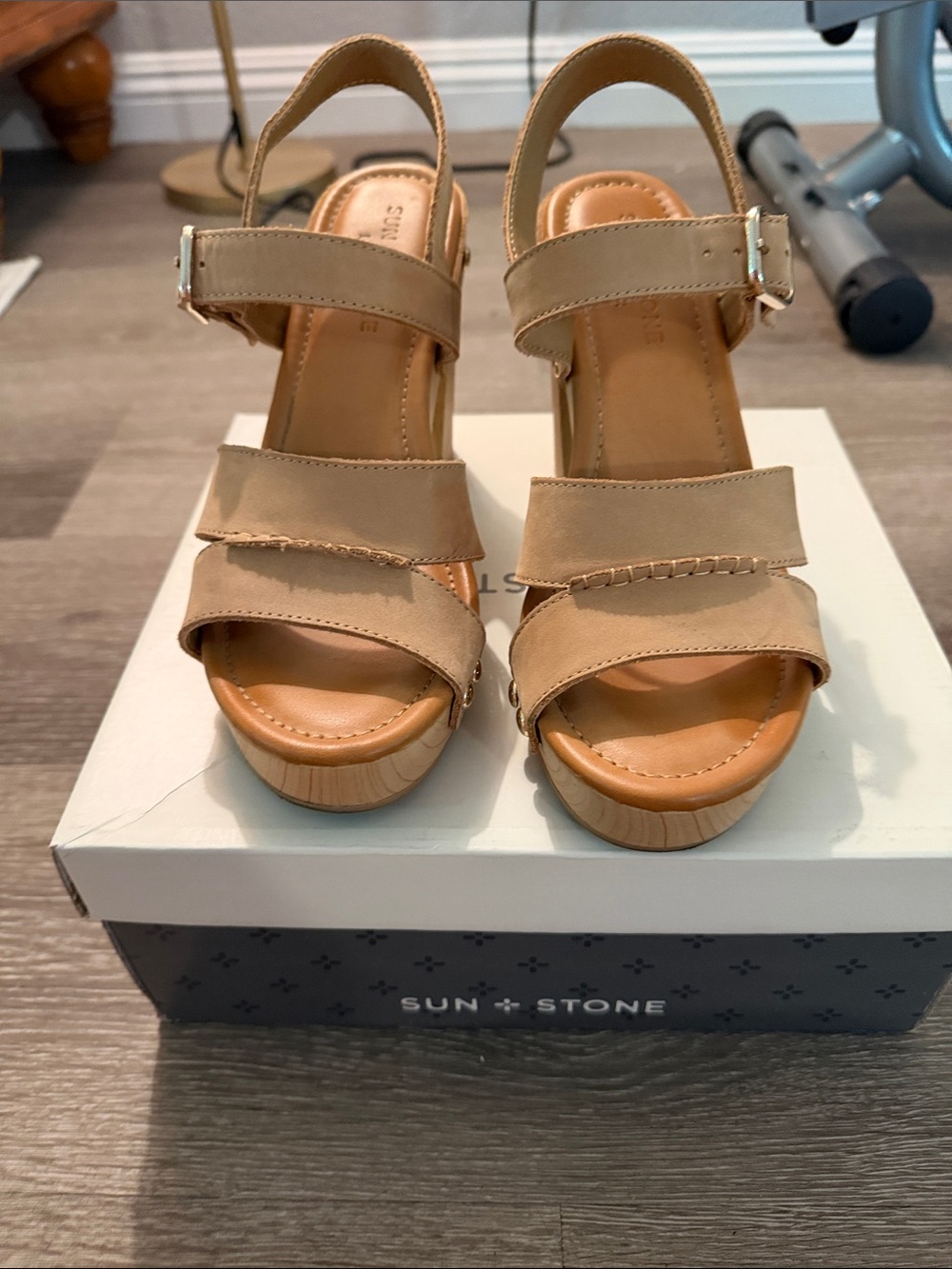 Sun + Stone Beige/Tan Platform Wedge Sandals with Ankle Buckle